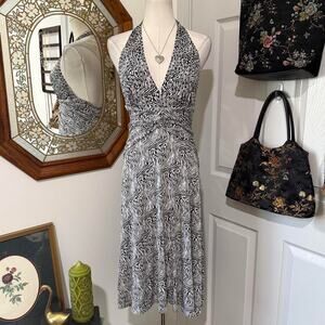 VTG Y2K Bebe Black & White Zebra Print Sequin 100% Silk Ruched Halter Dress M